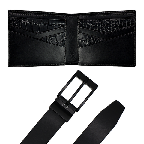 Alligator-Embossed Leather Wallet and Leather Belt